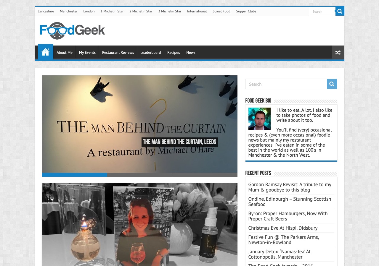 The old Food Geek homepage: blue glasses logo, a dark menu bar, a photo slider and a sidebar of recent posts
