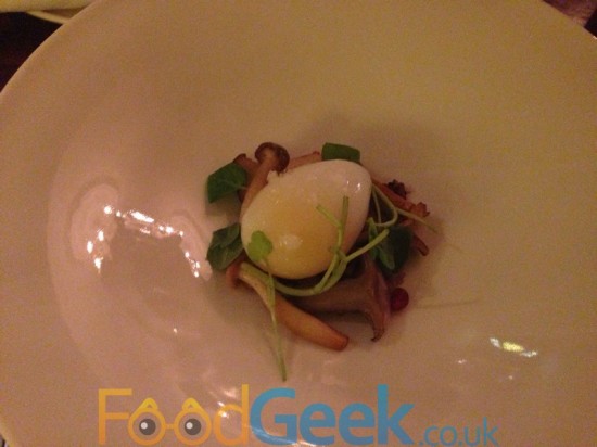 Duck Egg, Smoked Bacon, Wild Mushrooms, Watercress, Pomegranate