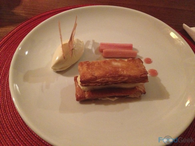 Champagne rhubarb, ginger & duck egg custard slice