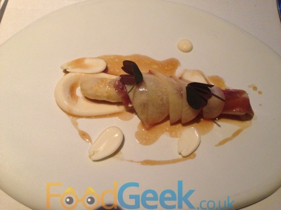 White Asparagus & Duck Ham with Almonds & Nectarine