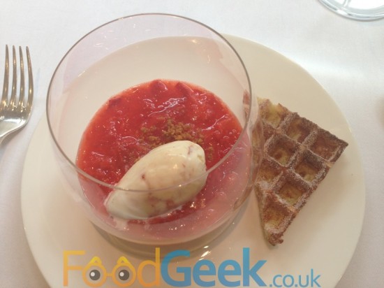 Sweet Almond Blacmange, Crushed Strawberries & Toasted Waffle