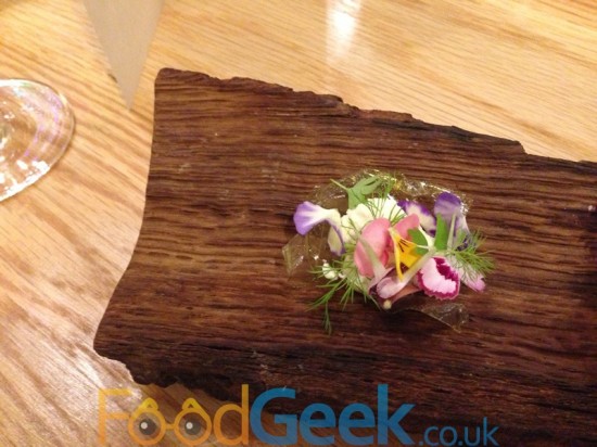 Celery glass, fresh cheese, flowers & herbs