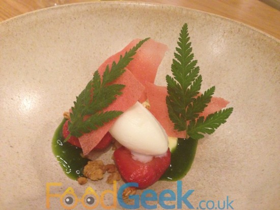 Macerated strawberries, buttermilk custard, sweet cicely, yoghurt