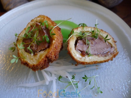 Crispy Pig Cheeks, Apple Puree & Pickled Mouli