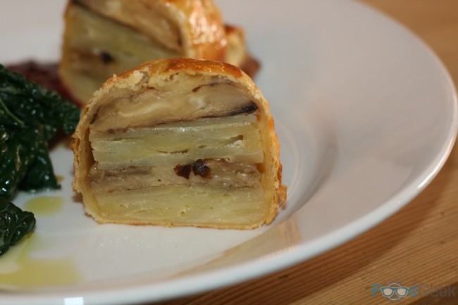 Aubergine & Potato Dauphinoise Wellington, Damson Chutney, Cavolo Nero